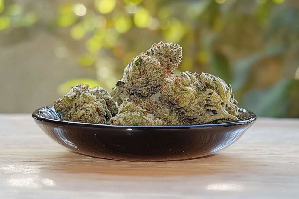 fleurs de cbd dans une assiette marron