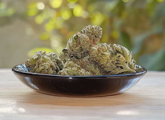 fleurs de cbd dans une assiette marron