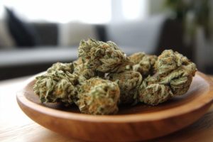 Fleurs de cbd dans une coupelle en bois