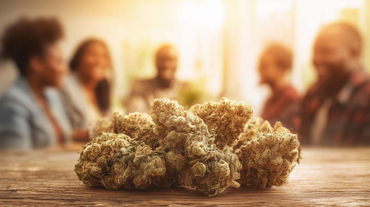 Plusieurs personnes autour de fleurs de CBD